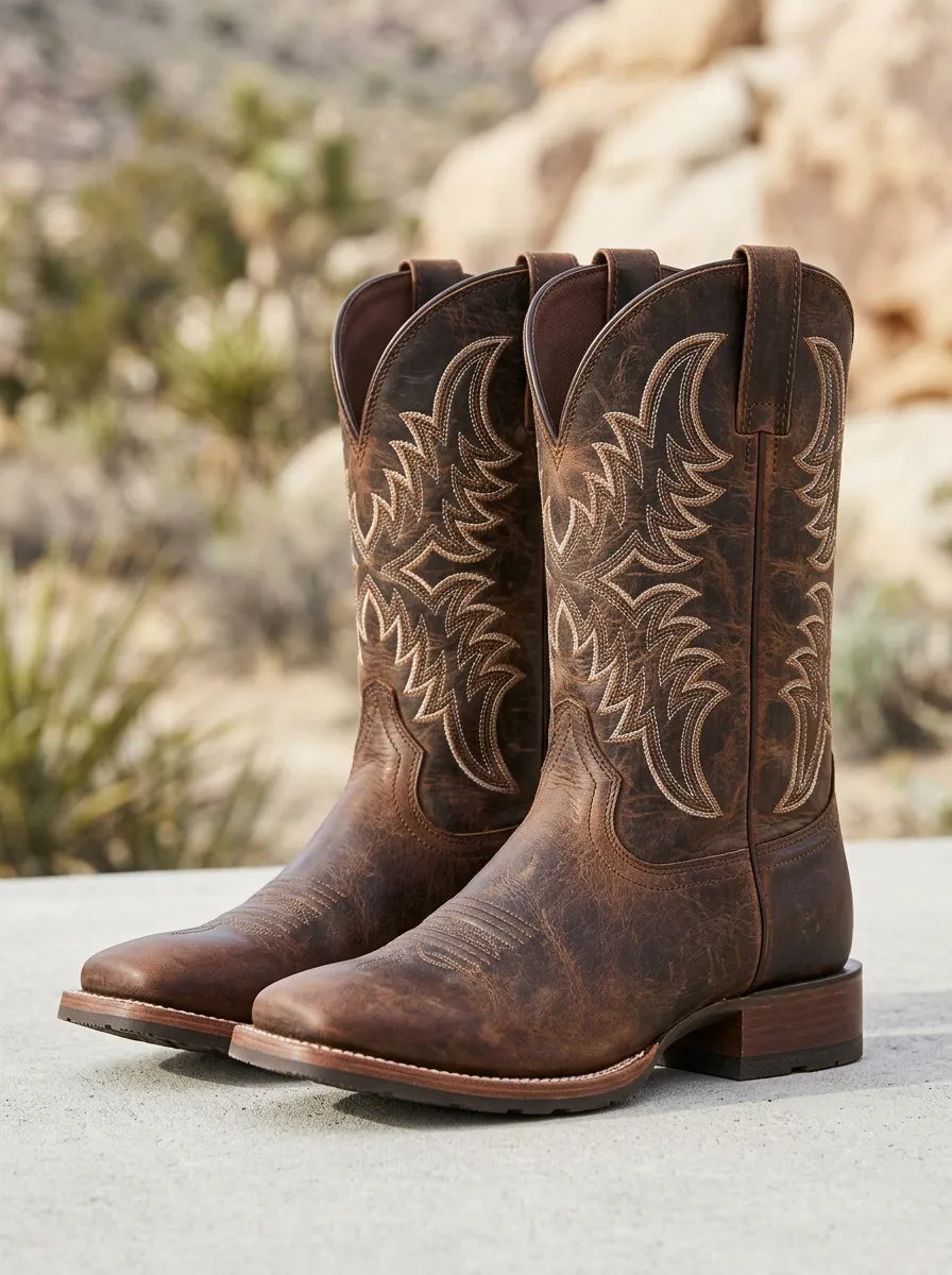 Trail Embroidered Distressed Leather-Look Detail Men's Western Cowboy Boots