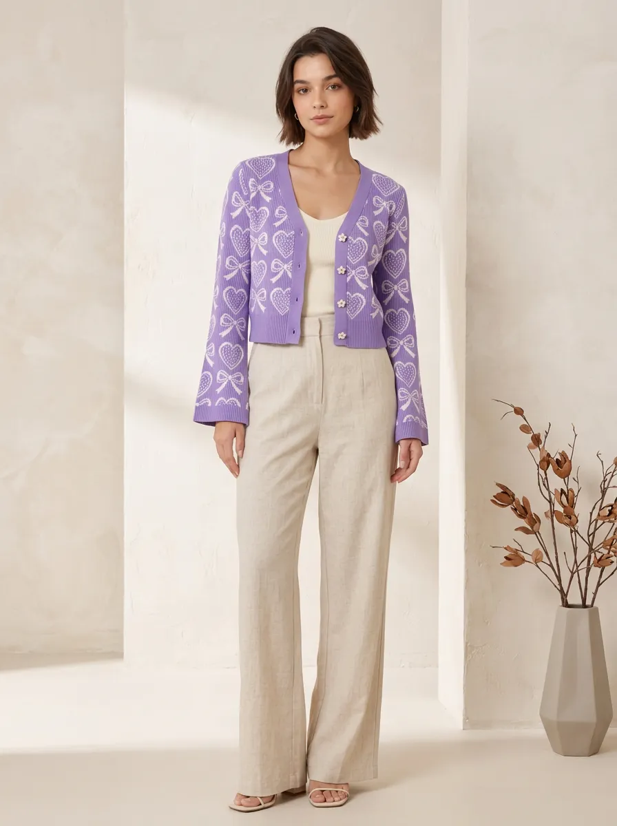 Women's Coquette Aesthetic Heart Bow Printed Knitted Cardigan
