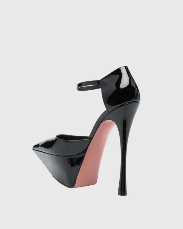 Leather Strap Platform Heels in Black