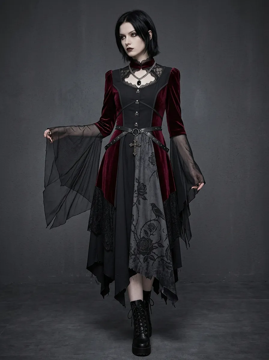 Women's Gothic Rose Raven Printed Velvet Long Sleeve Top