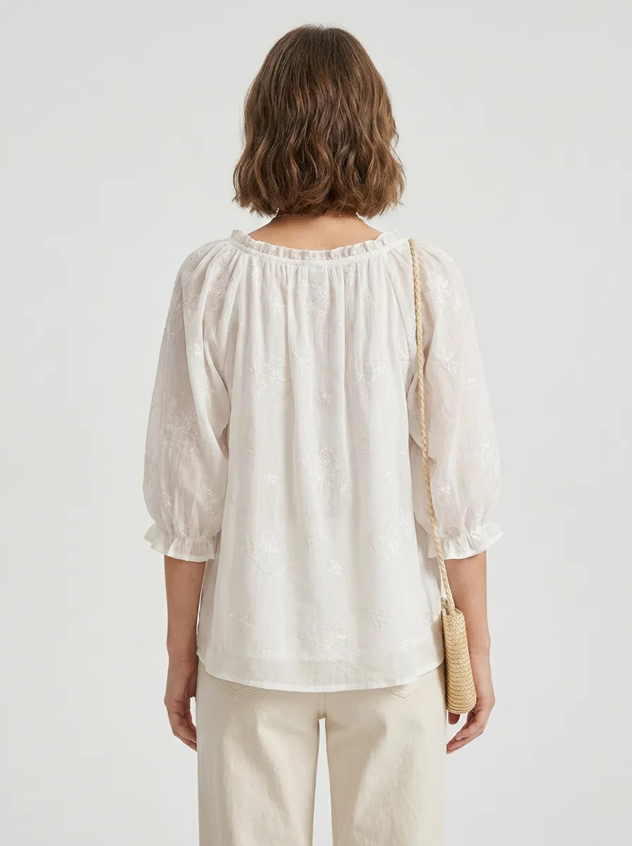 Casual Embroidered Floral Women's Puff-Sleeve Blouse