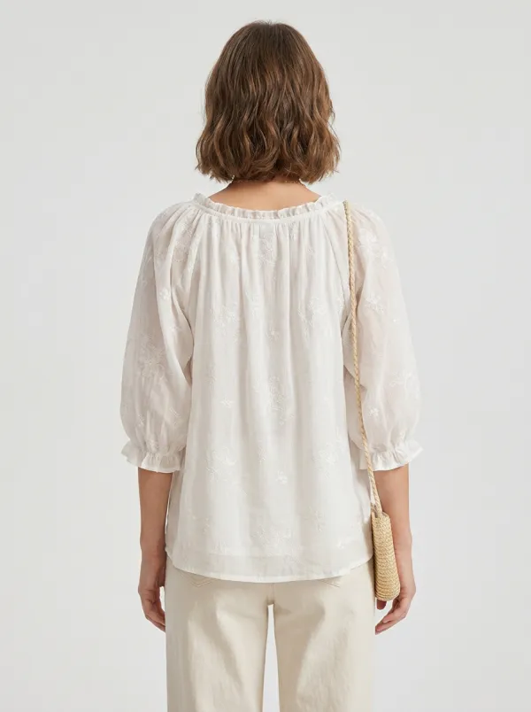 Casual Embroidered Floral Women's Puff-Sleeve Blouse