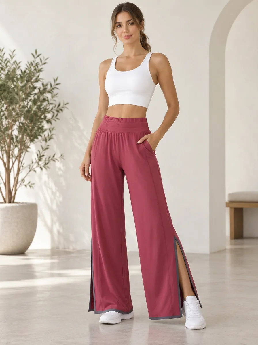 Women's Pocket Active Flow Wide Leg Slit Sport Pants