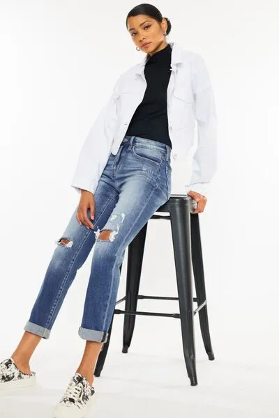 High Waist Distressed Hem Detail Cropped Denim Jeans