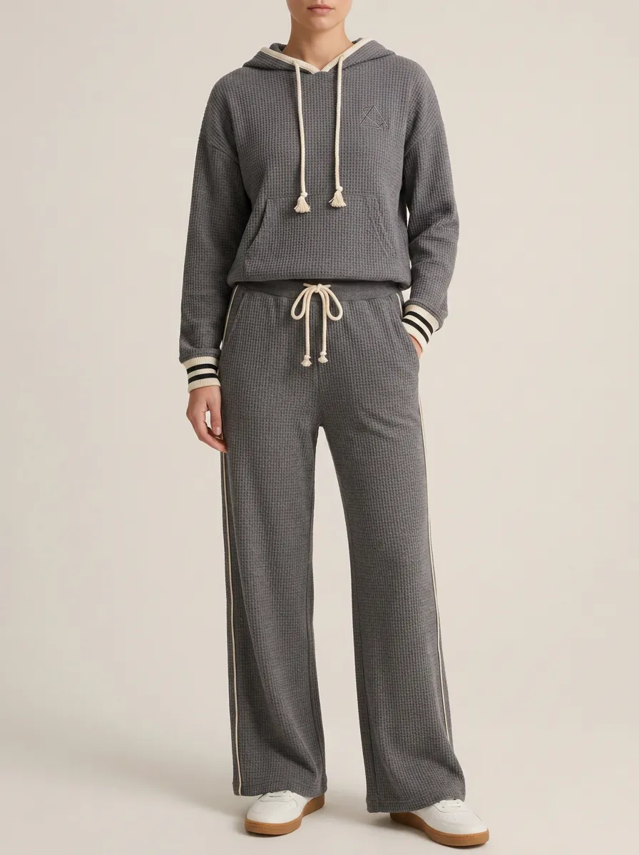 Unisex Waffle Knit Drawstring Hooded Lounge Top