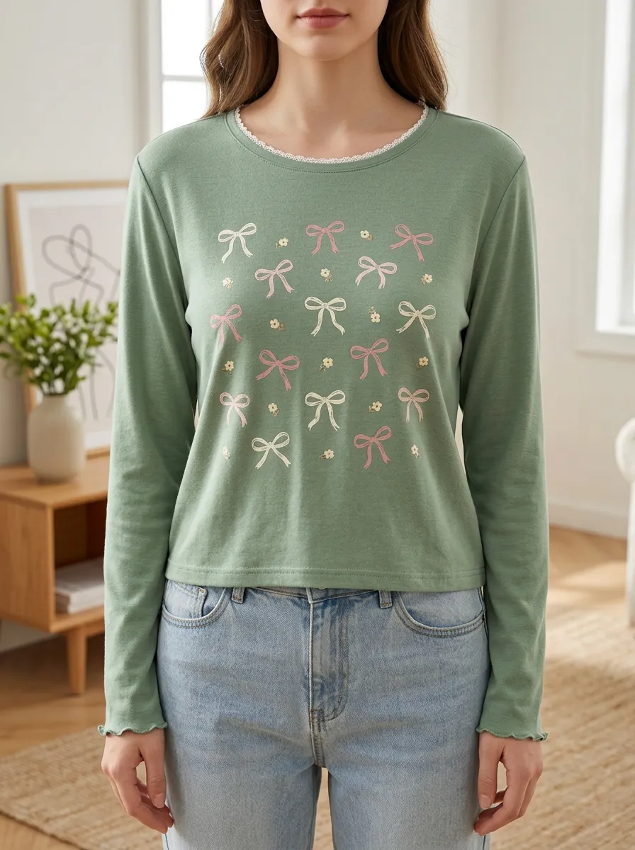 Women's Sweet Style Bowknot Floral Printed Long Sleeve Top