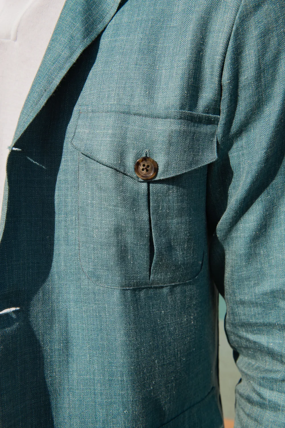 Water green Safari Jacket in  wool silk and linen