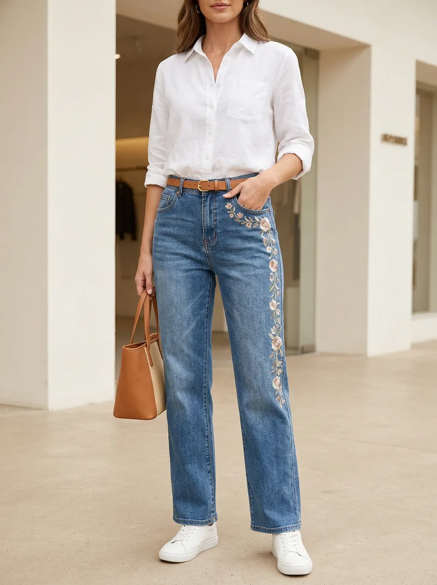 Women's Blue Floral Embroidered Straight-Leg Straight Leg Jeans
