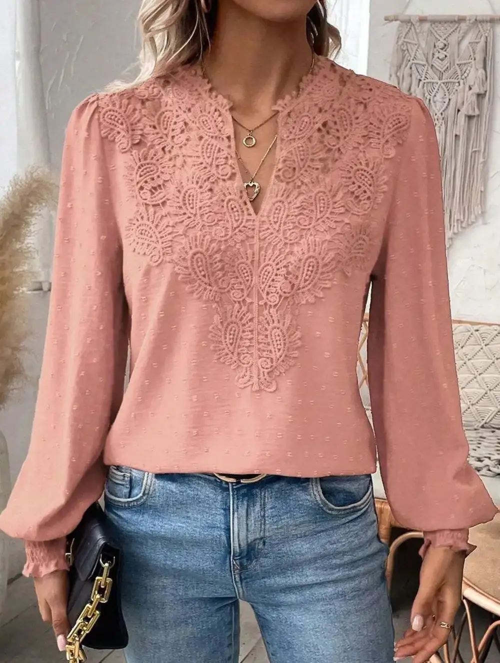 Breezy Lace Detail V Neck Blouse