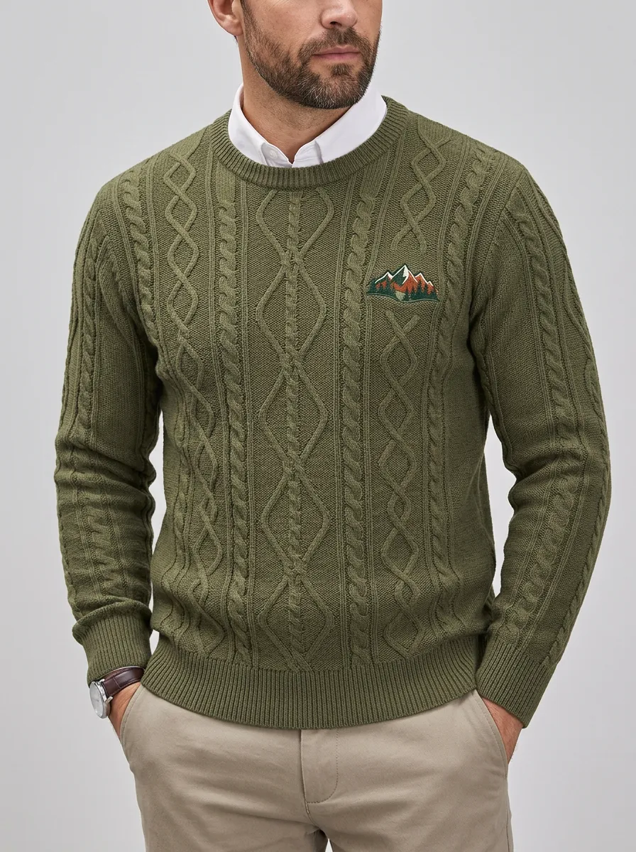 Men's Olive Green Cable Knit Mountain Graphic Sweater