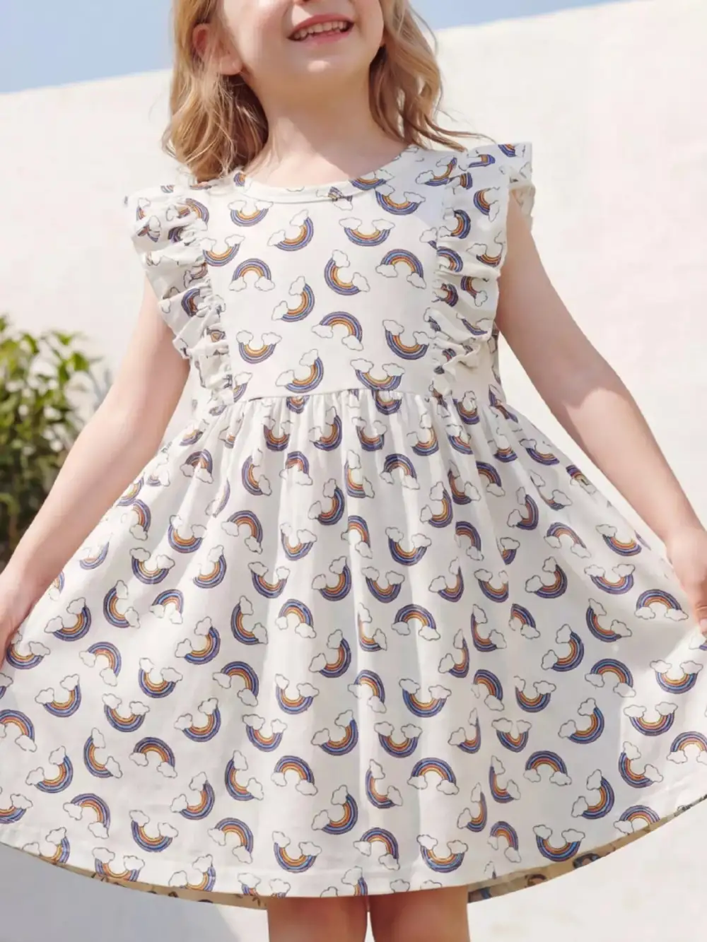 Girls Rainbow Print Ruffle Sleeve Dress