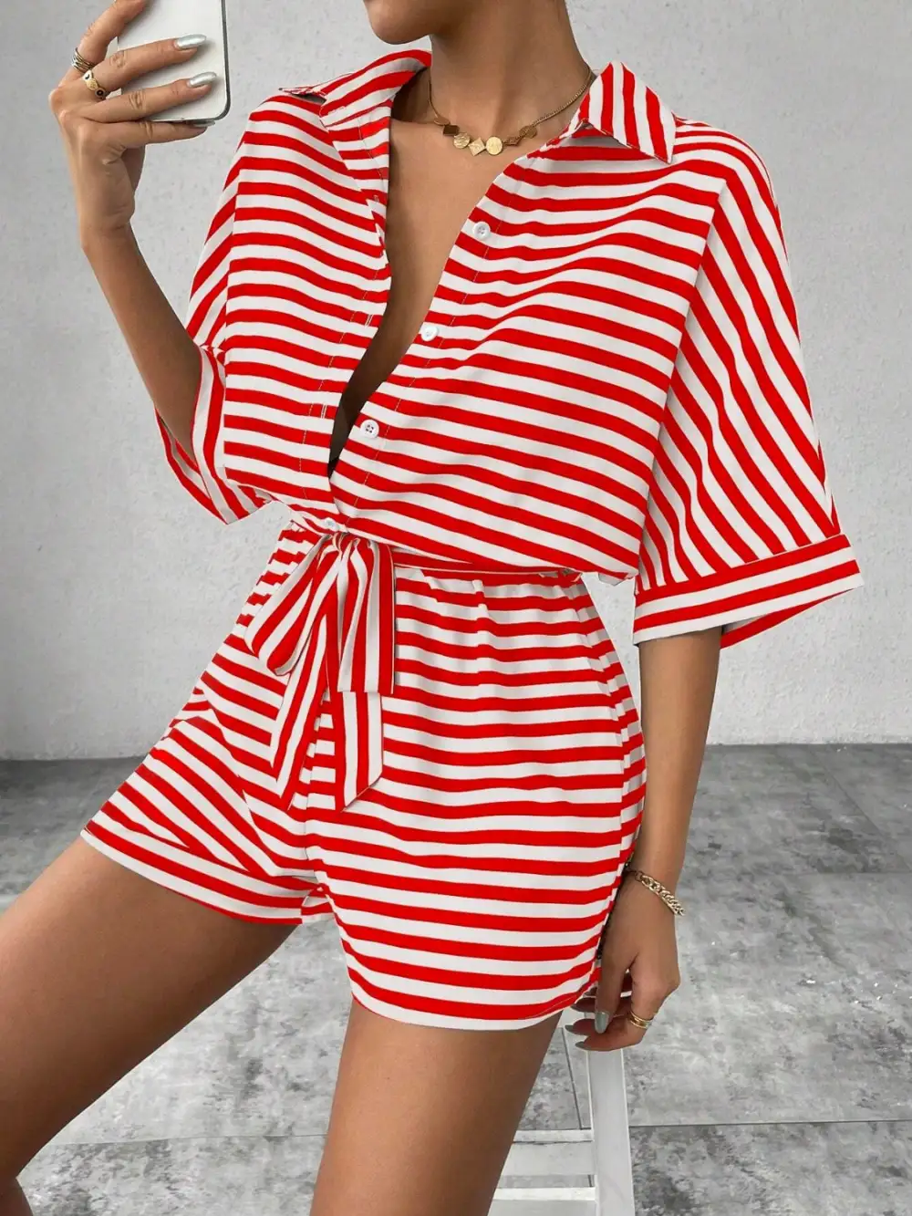 Tie Waist Half Button Romper