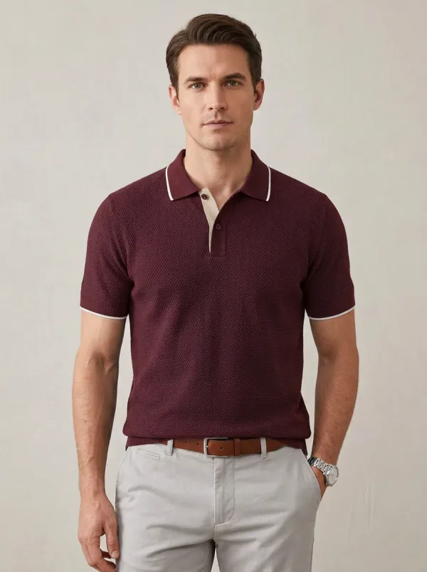 Men's Navy Blue Textured Knit Contrast Trim Polo Shirt