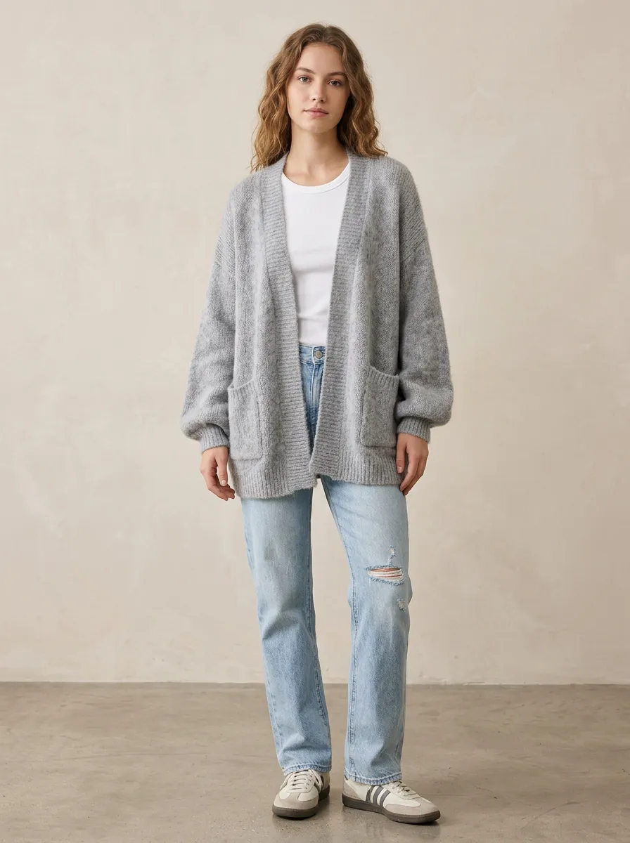 Women's Casual Minimalist Grey Knit Open Front Cardigan