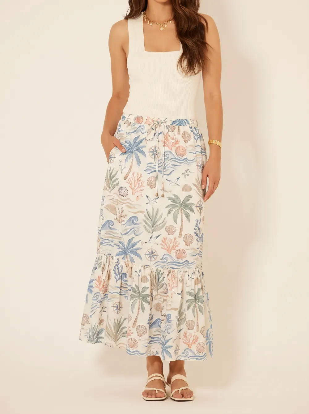 Women's Beach Vacation Tropical Palm Shell Printed Maxi Skirt