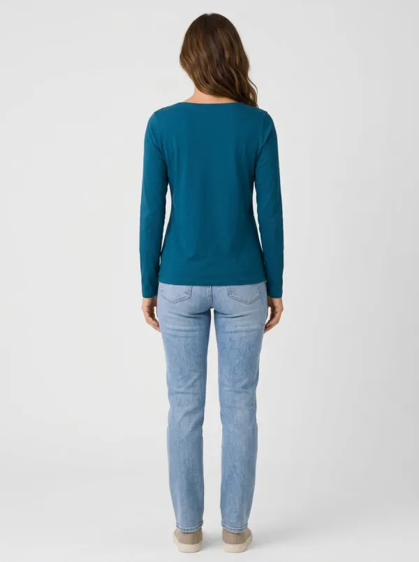 Women's Casual Teal Solid Color Long Sleeve T-shirt