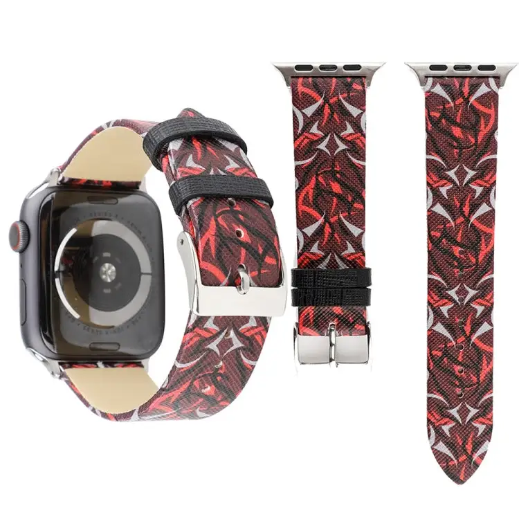 Thorns Printing Genuine Leather Watch Band for Watch Ultra 49 mm & Ultra 2 49 mm / Series 10 46 mm / 9 & 8 & 7 45 mm / SE 3 & SE 2 & 6 & SE & 5 & 4 44 mm / 3 & 2 & 1 42 mm - Red