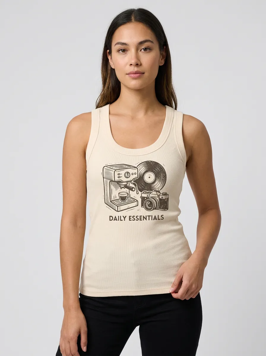 Women's Coffee Vinyl Camera Daily Essentials Graphic Tank Top