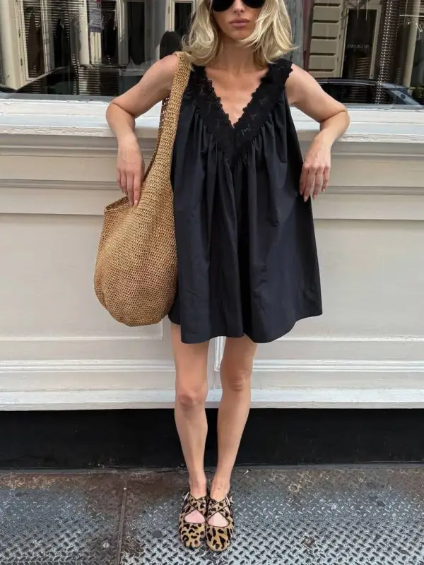 Vacation Style Neck Lace Splicing Mini Dress