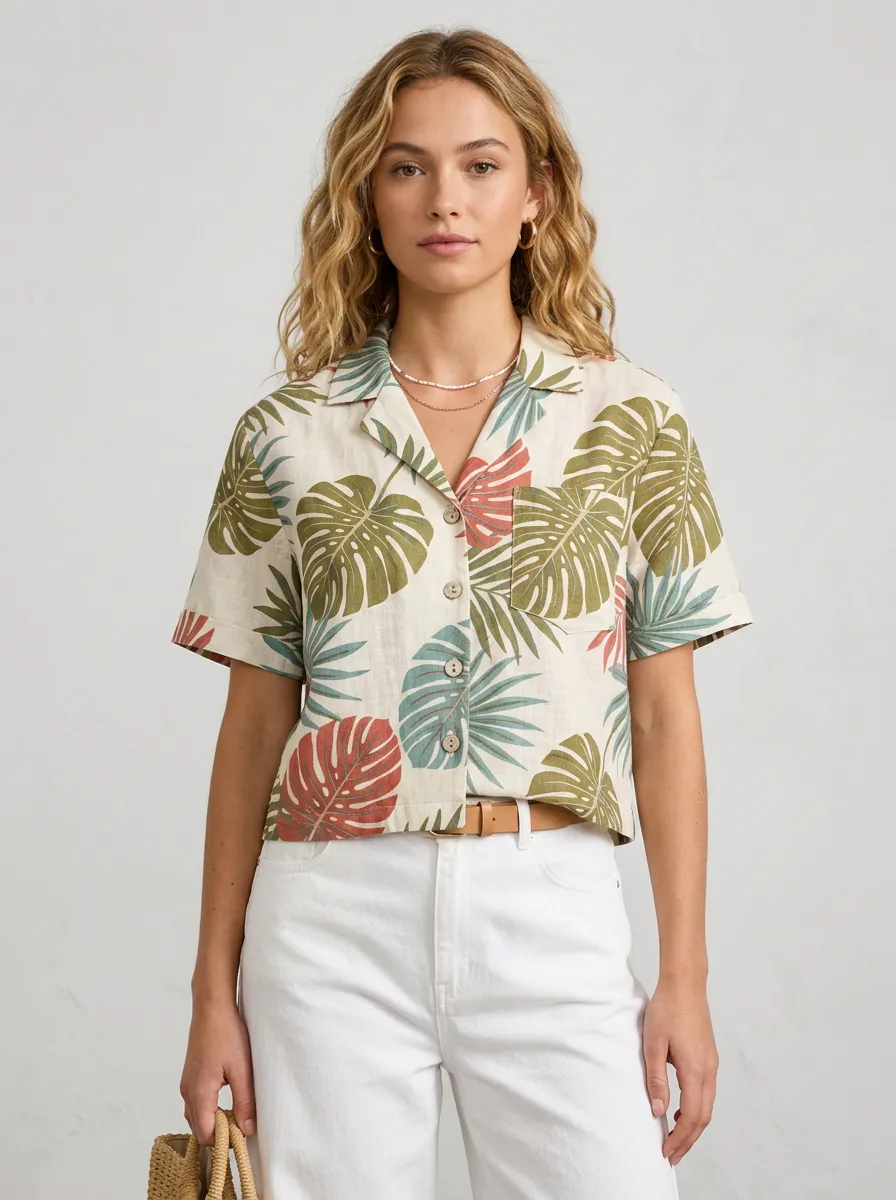 Women's Tropical Leaf Pocket Camp Collar Shirt
