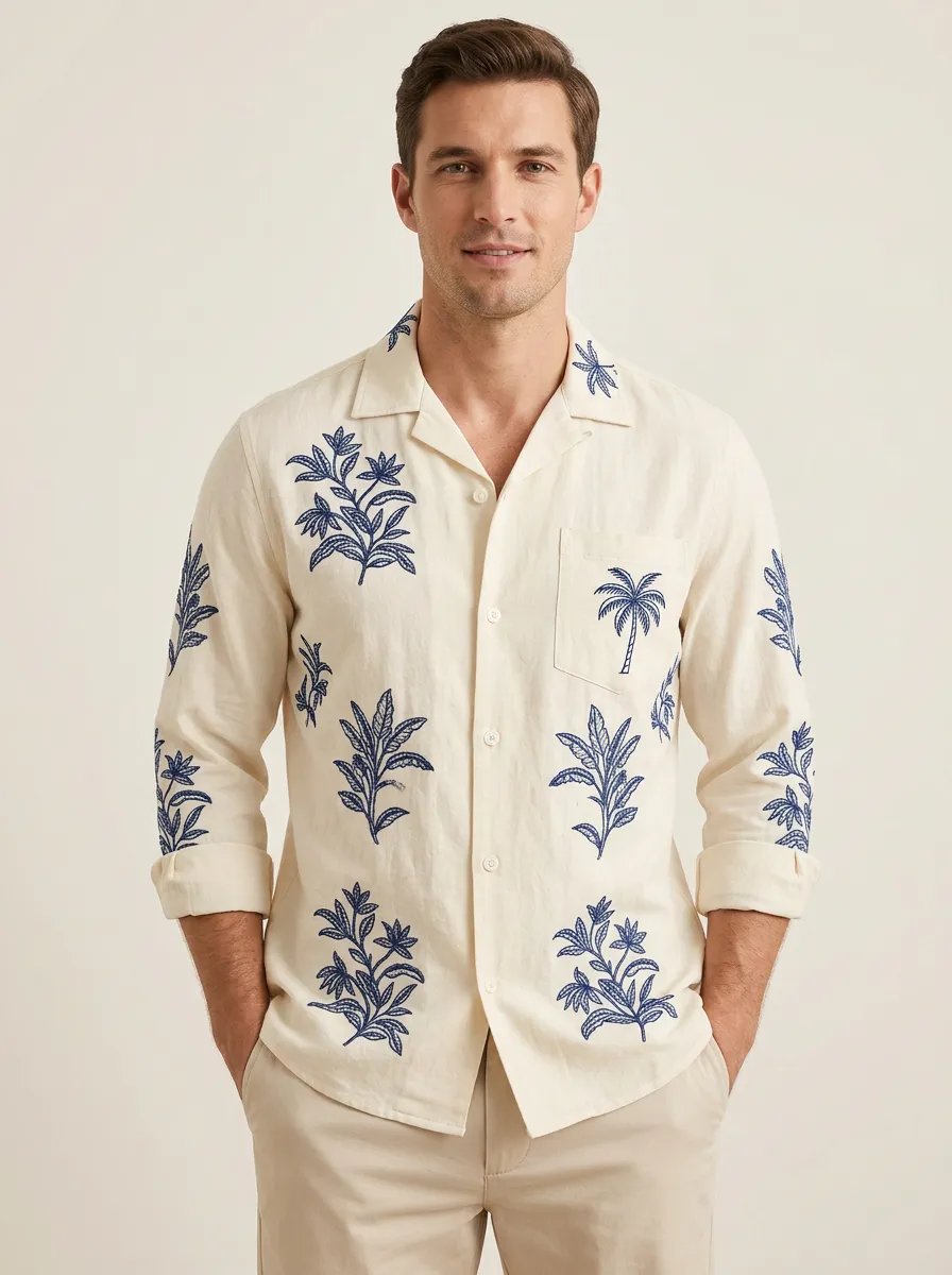 Men's Linen Palm Leaf Printed Shirt