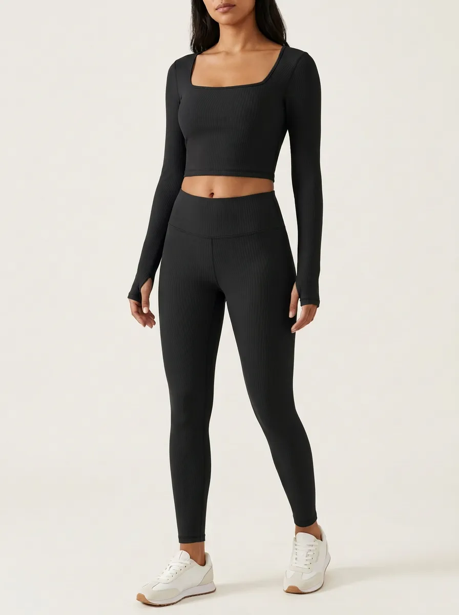 Women's Ribbed Square-Neck Thumbhole Crop Top and High-Rise Legging Set