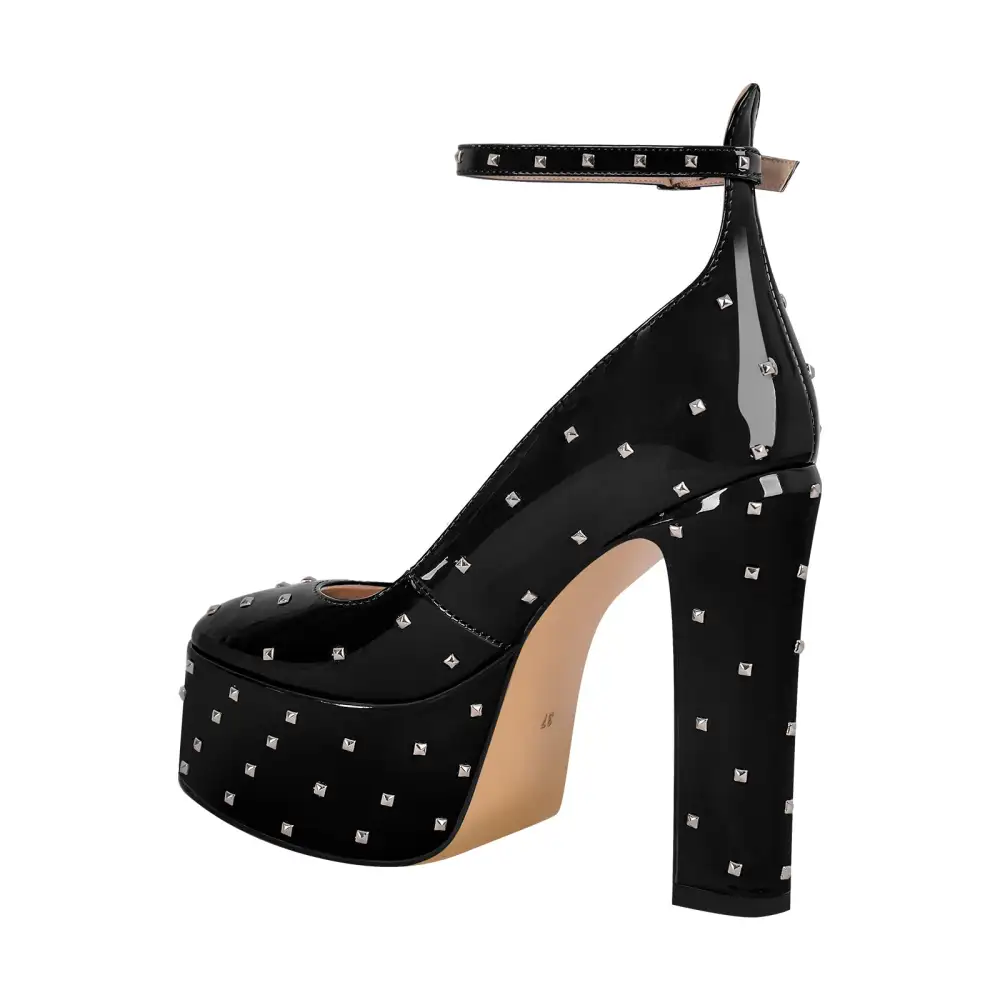 Rivet Round Toe Platform Chunky Heel Ankle Strap Pumps