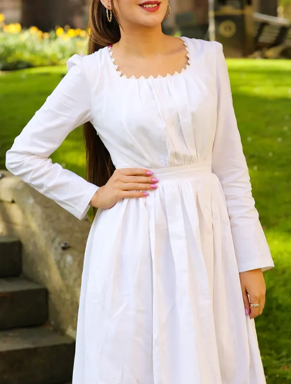 Classic Linen Cotton Fit And Flare Long Sleeve Midi Dress