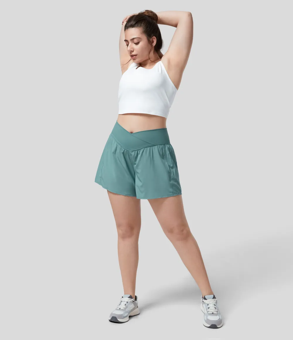 Breezeful High Waisted Crossover Side Pocket Plus Size 2-in-1 Quick Dry Yoga Shorts 4.5