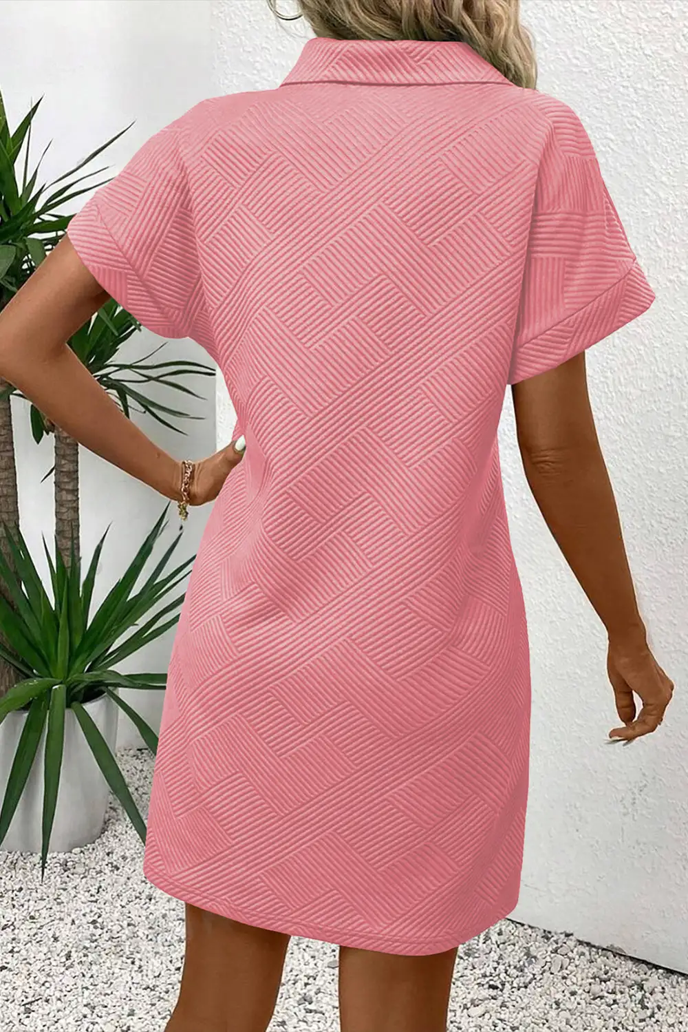 Solid Textured Short Sleeve A-Line Mini Dress