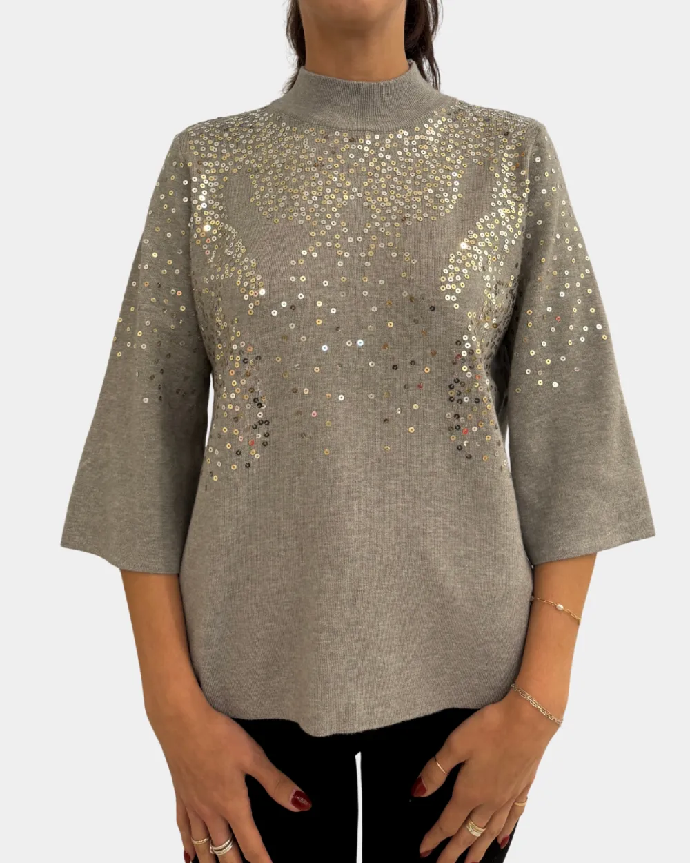 Sequin Mock Neck Sweater Top - Heather