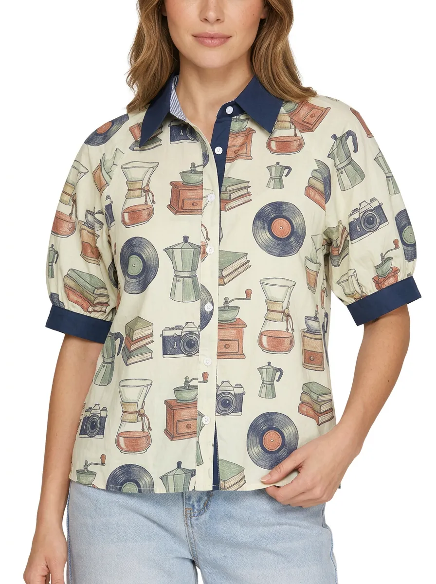Women's Coffee Book Camera Vinyl Printed Button-Up Shirt