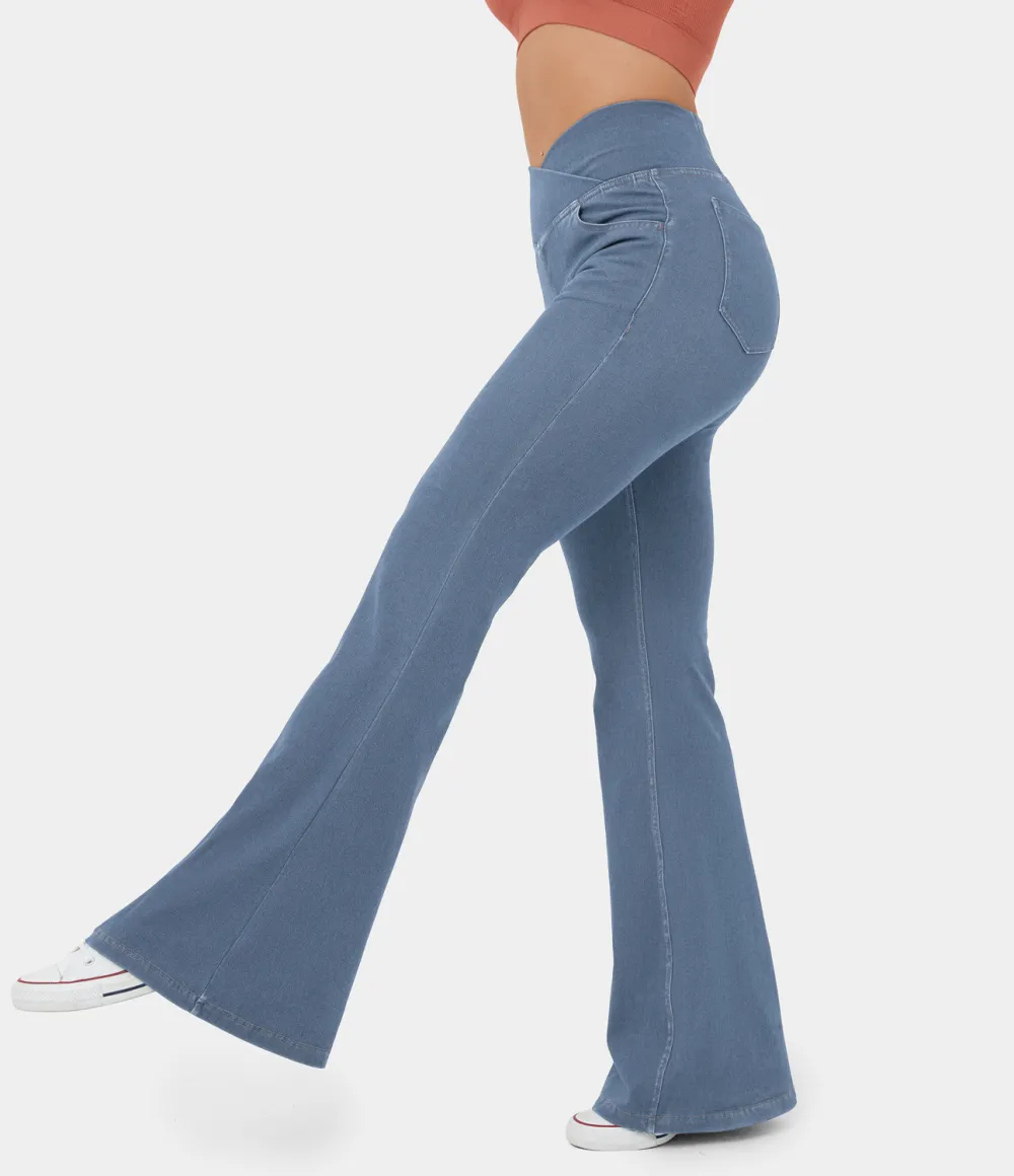 Magic High Waisted Crossover Pocket Cool Touch Washed Stretchy Knit Casual Super Flare Jeans