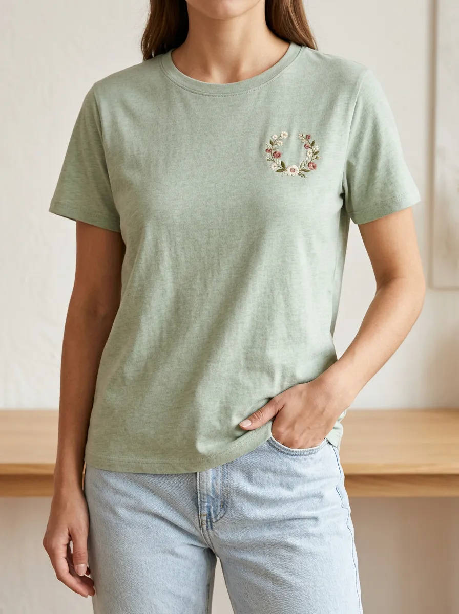 Modern Casual Floral Print Embroidered Detail Women's Relaxed Short Sleeve Tee