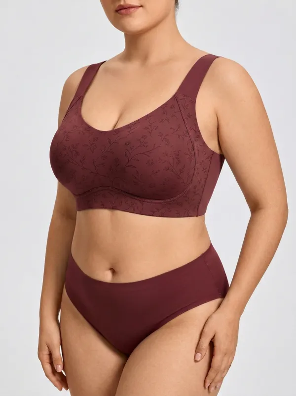 Women's Plus Size Sage Green Floral Outline Full-Coverage Scoop-Neck Wireless Bra & Brief Set