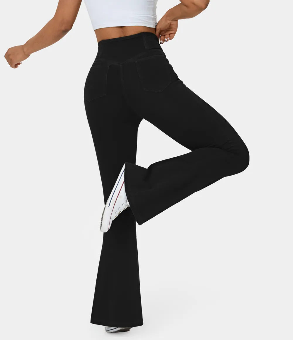 Magic High Waisted Crossover Pocket Cool Touch Washed Stretchy Knit Casual Super Flare Jeans