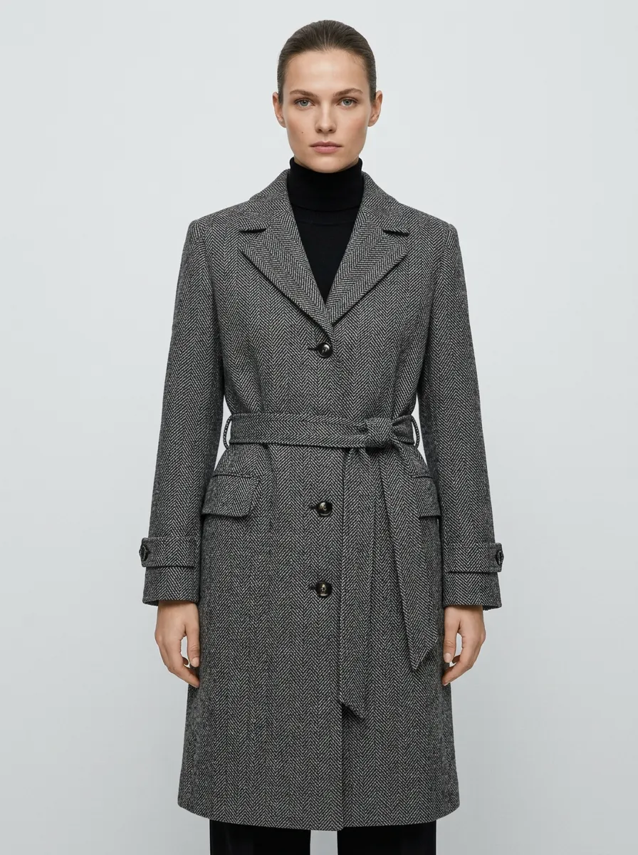 Refined Belted Herringbone Wool Coat