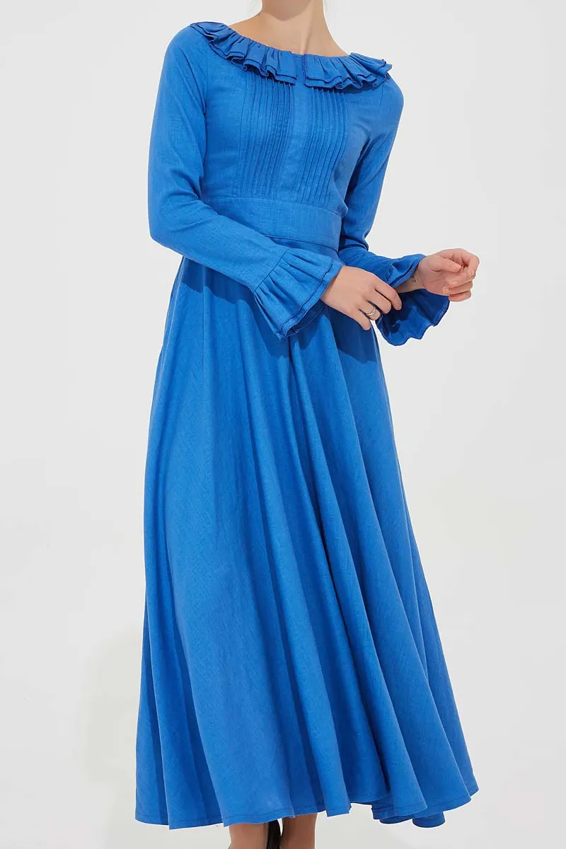 Linen Swing Ruffle Ruffle Neck Long Sleeve Maxi Dress