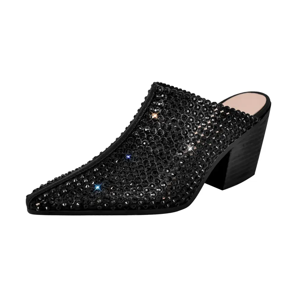 Rhinestone Pointed Toe Chunky Heel Heeled Mules