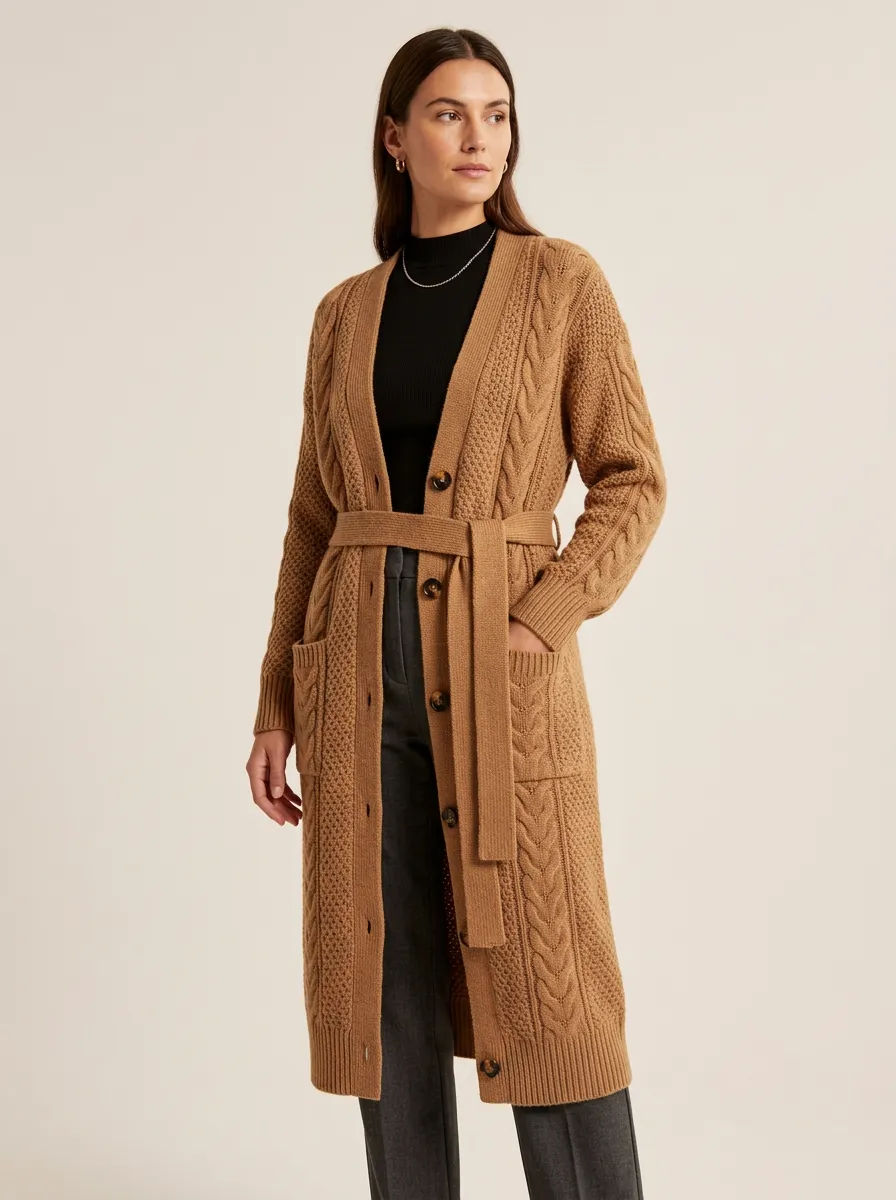 Women's Modern Cable Knit Belted Knit Cardigan