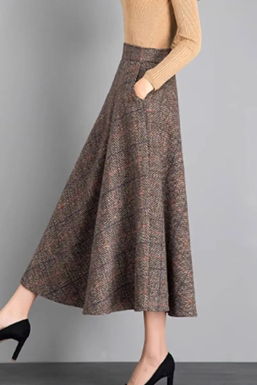 Artful Wool Blend A Line Elastic Waist Midi Skirt