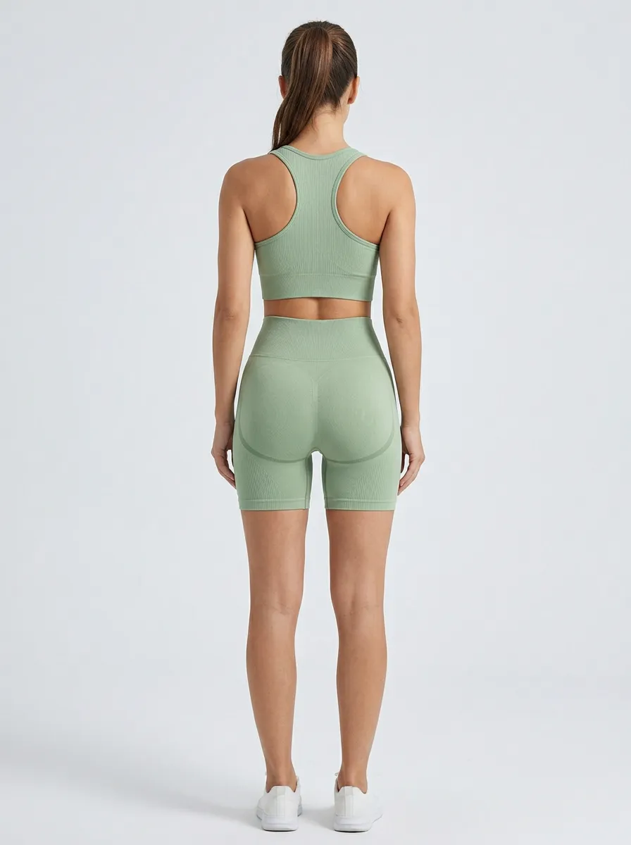 Practical Ribbed Texture Seamless Design Wardrobe Women's Tank Top And Sports Shorts Set