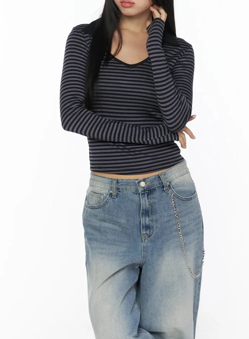Striped V-Neck Collared Long Sleeve Top