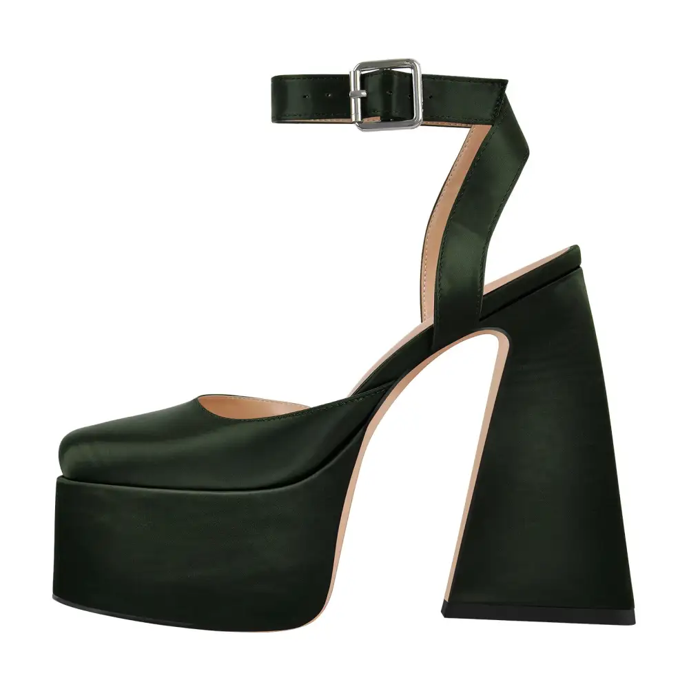 Square Toe Platform Chunky Heel Ankle Strap Pumps