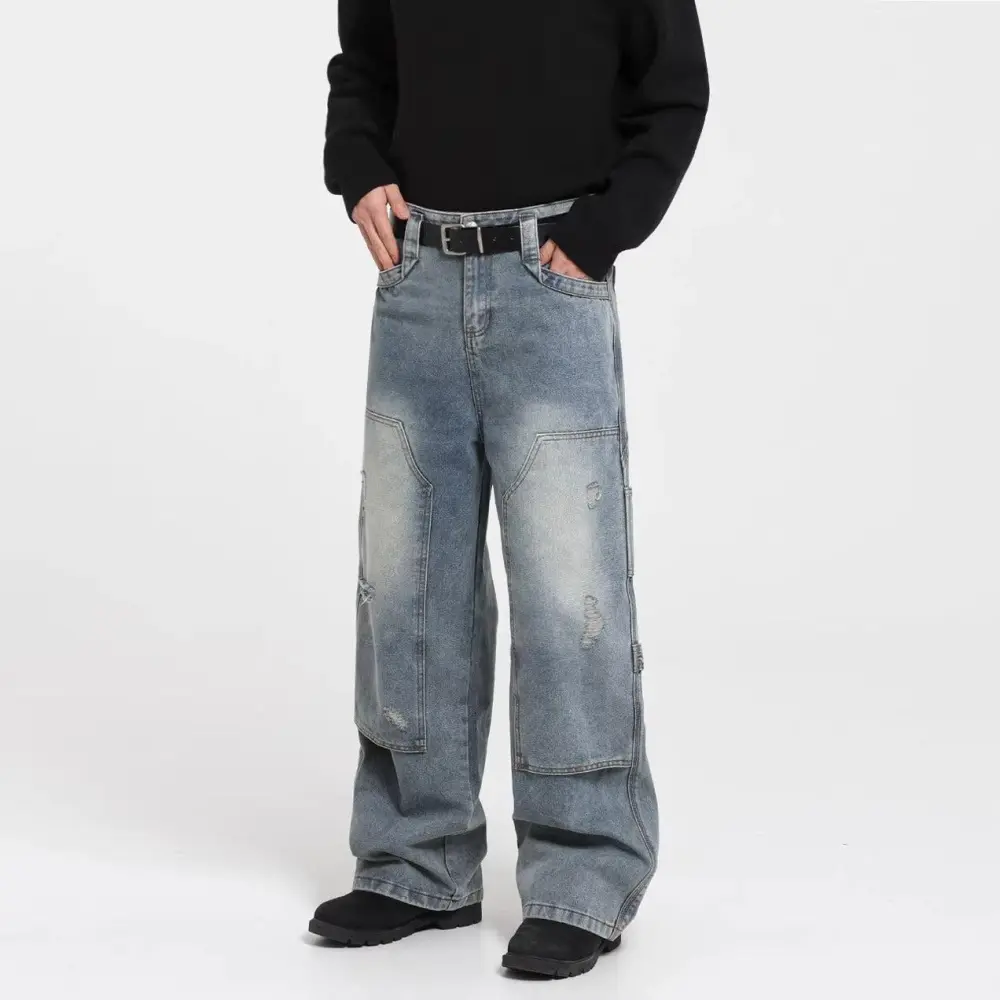 Washed Distressed Workwear Jeans
