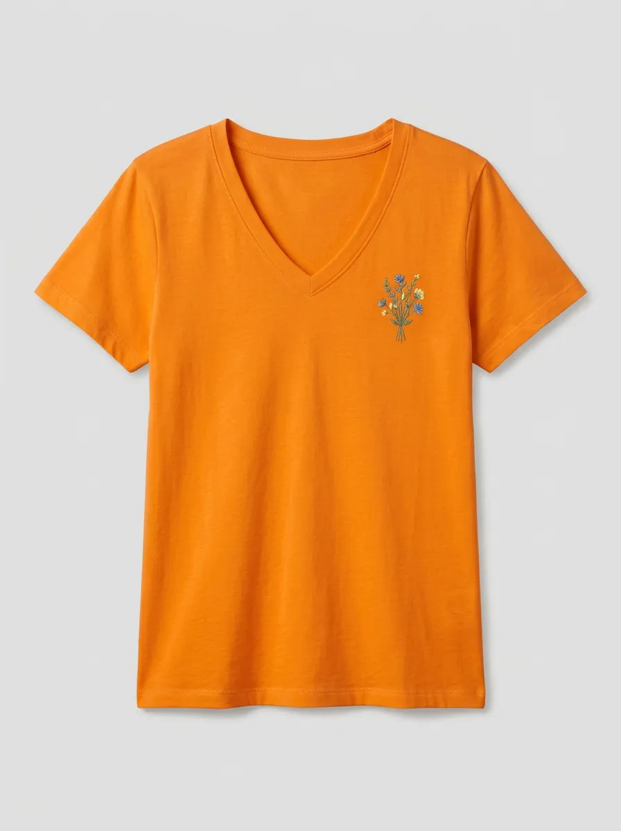 Women's Botanical-Embroidered Left-Chest V-Neck T-Shirt