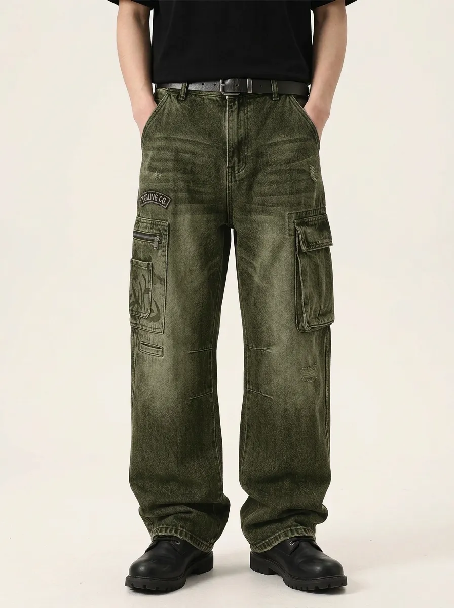 Men's Streetwear Vintage Wash Graphic Cargo Jeans