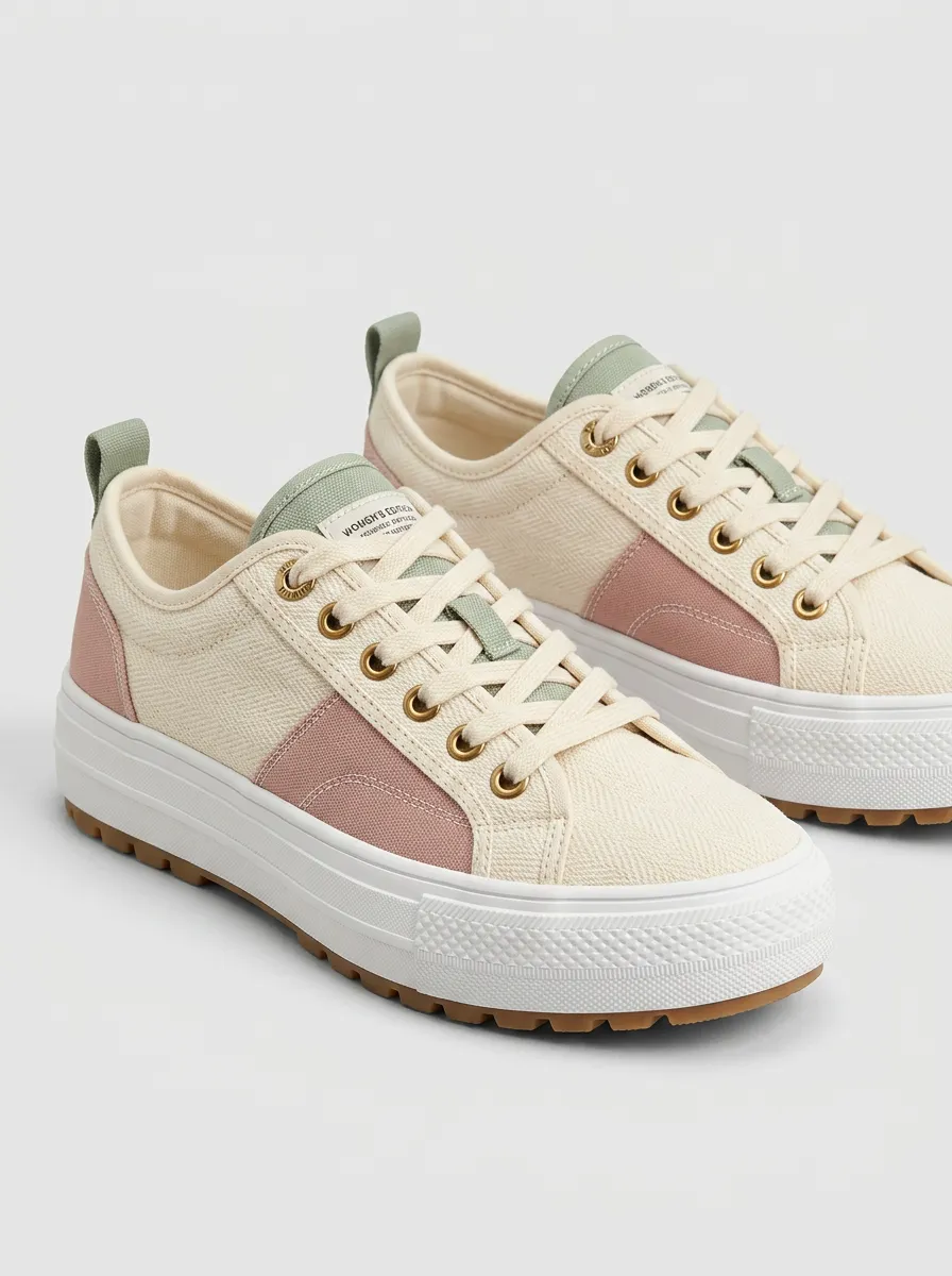 Women's Casual Fashion Pink Beige Colorblock Canvas Platform Shoes