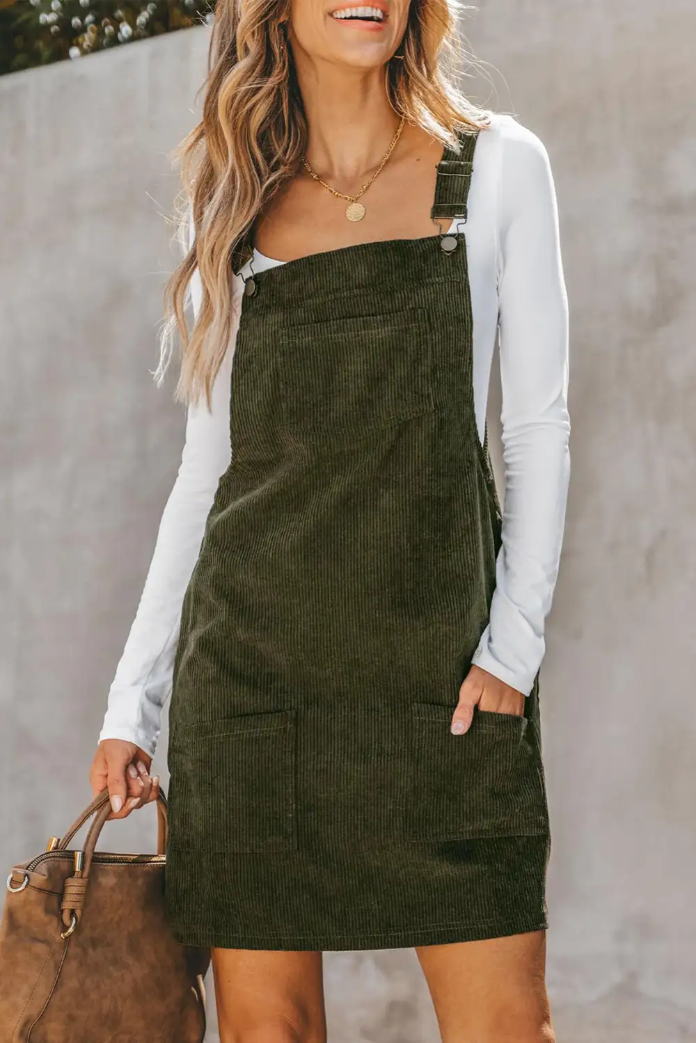 Classic Solid Front Pockets Sleeveless Corduroy Overall Dress