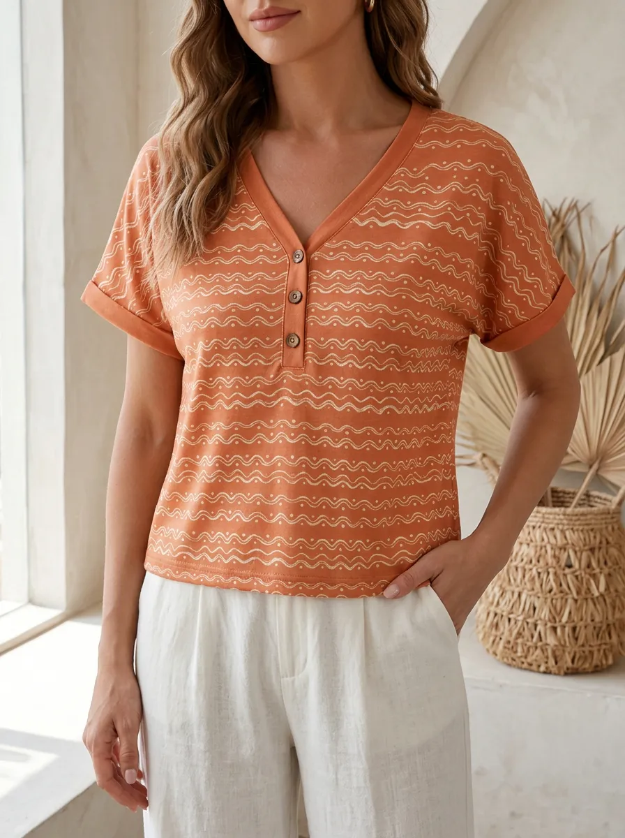 Women's Boho Style Orange Wavy Pattern Printed Henley Shirt